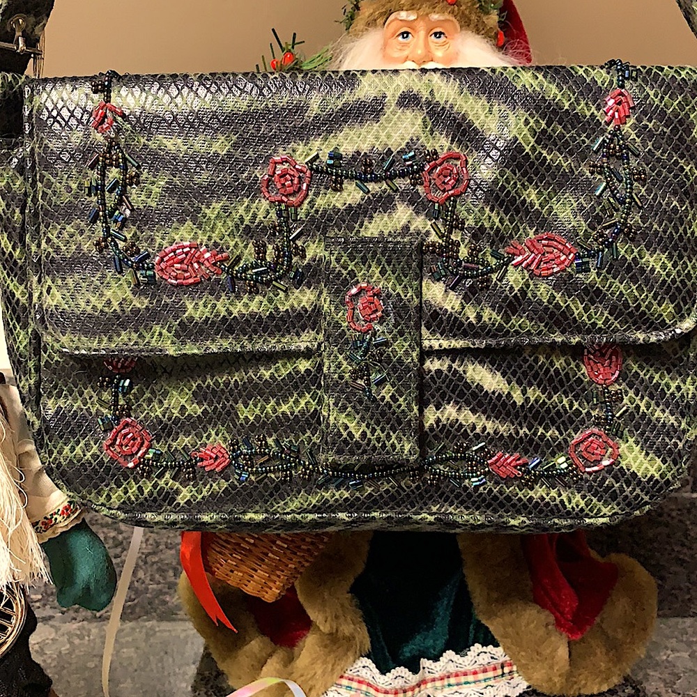 Vintage Reptile Print Bag With Bead Work Accents